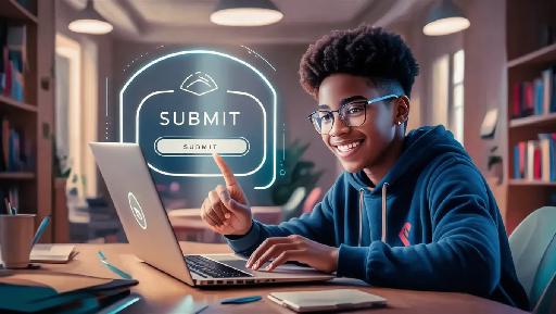 Student pressing the 'Submit' button on a laptop, submitting their Common App essay through an online portal